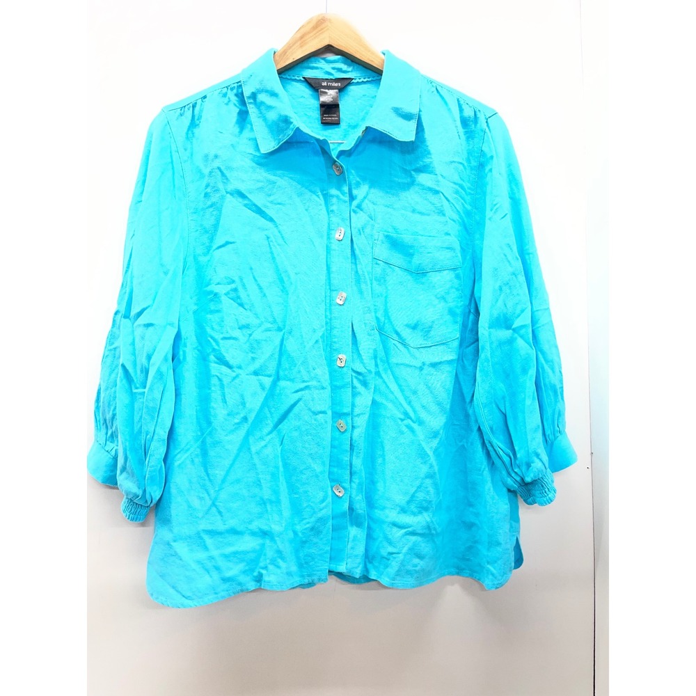 Ali Miles Turquoise Blue Linen Blend Button Front 3/4 Sleeve Blouse Medium